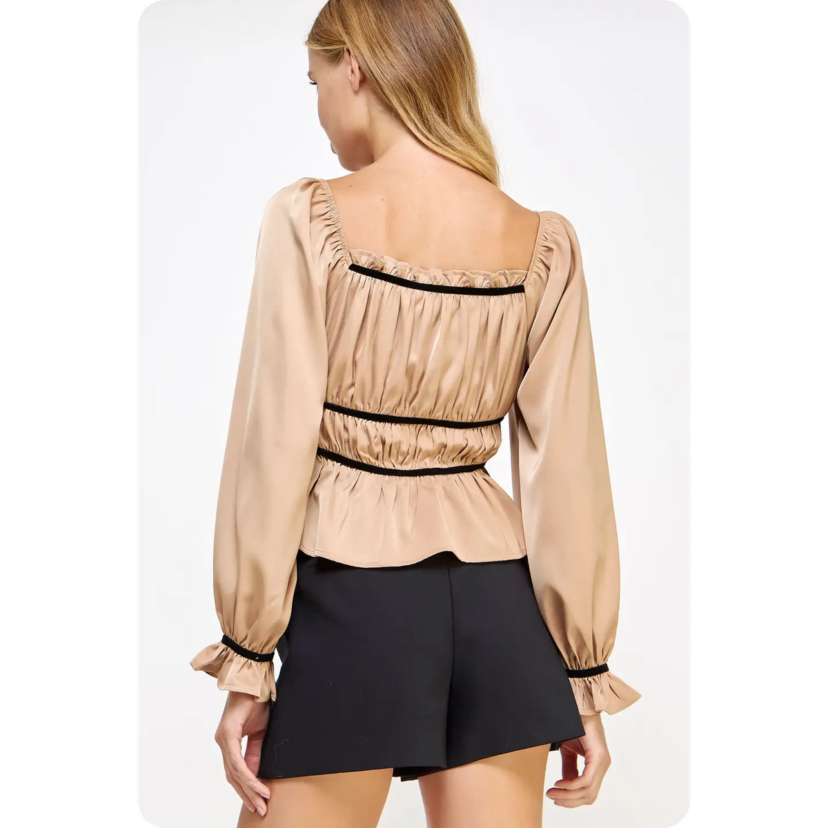 Velvet Trim Ruched Satin Top