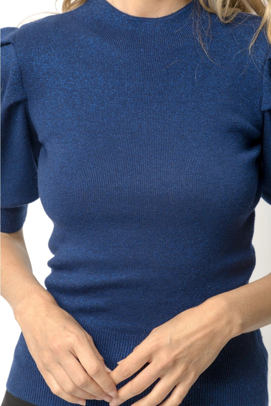 Navy Puff Sleeve Metallic Sweater Top