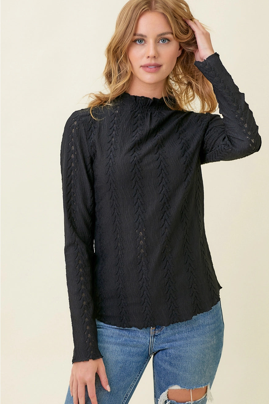 Lettuce Edge Textured Top- Black