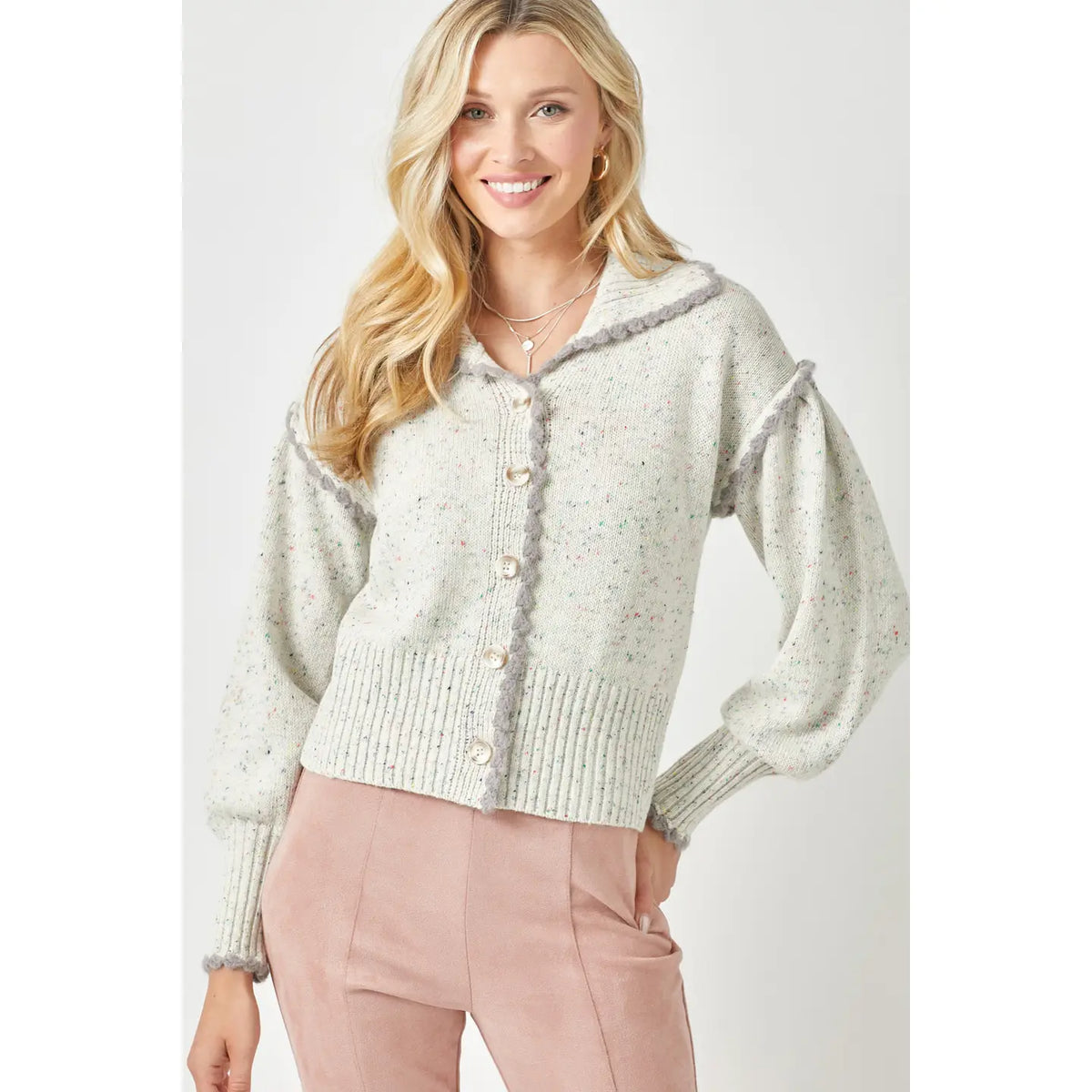 Puff Sleeve Cardigan with Scallop Trim Detail