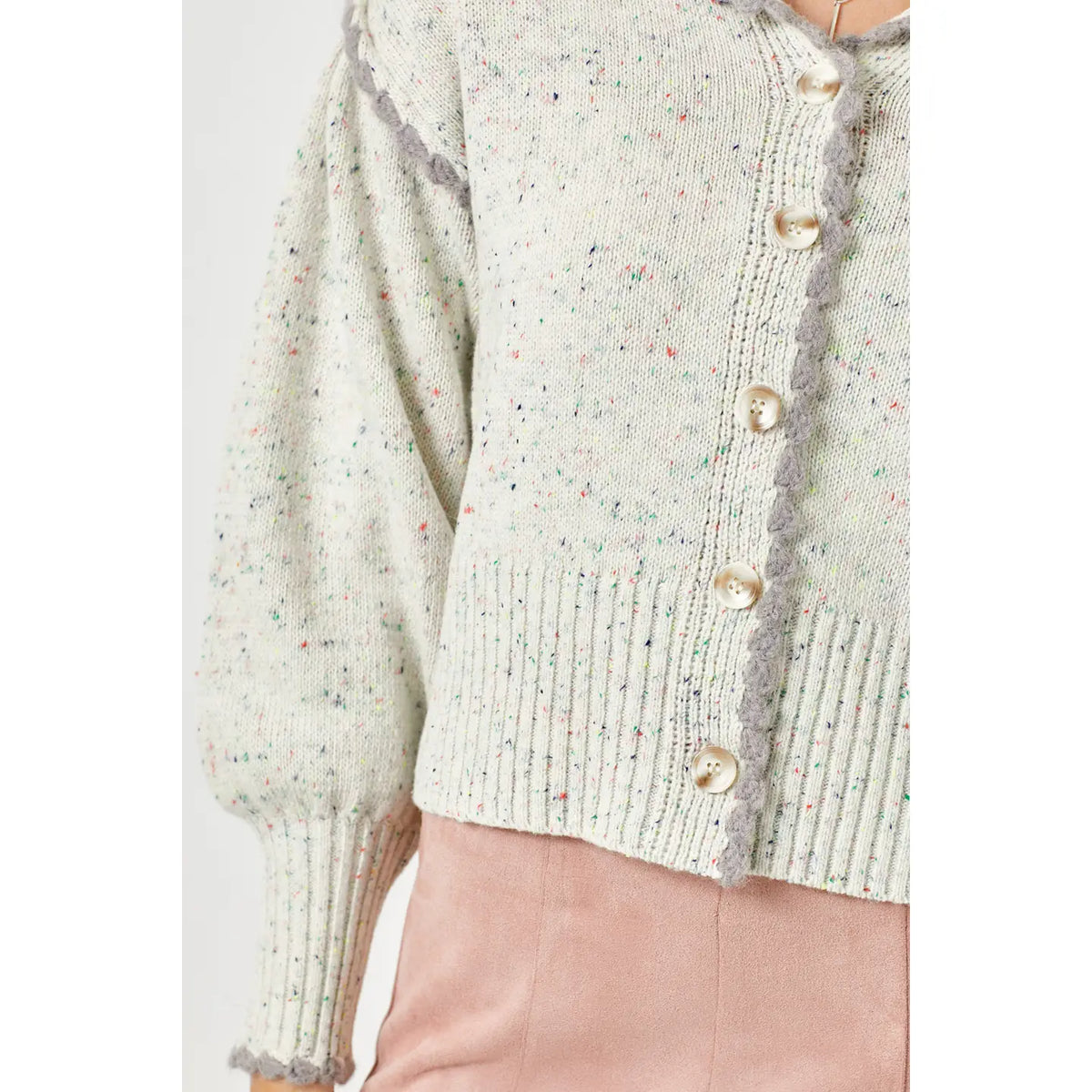 Puff Sleeve Cardigan with Scallop Trim Detail