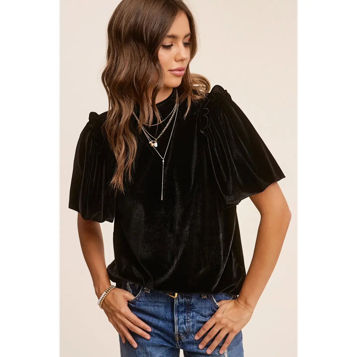 Velvet Puff Short Sleeve Holiday Top **Black or Beige