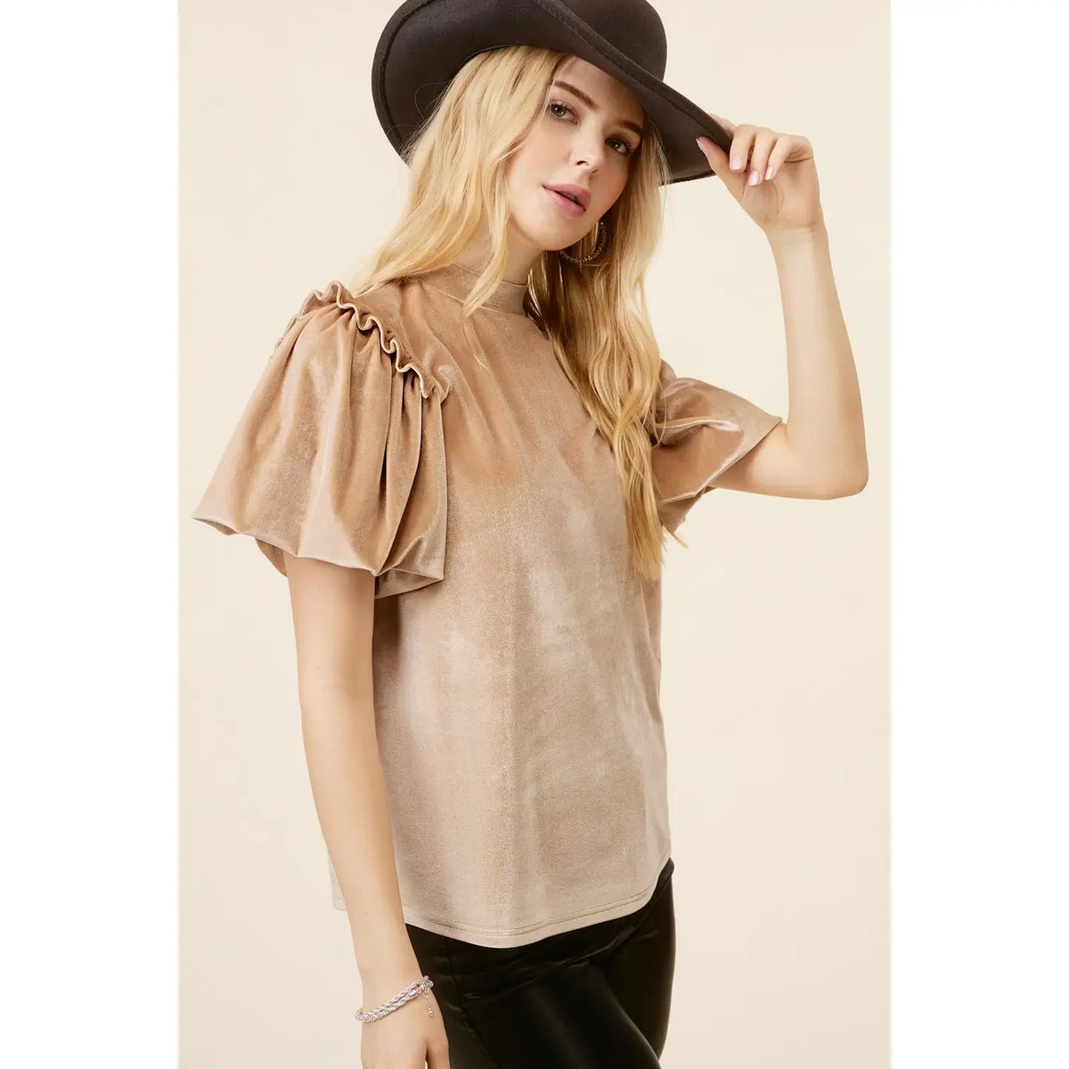 Velvet Puff Short Sleeve Holiday Top **Black or Beige