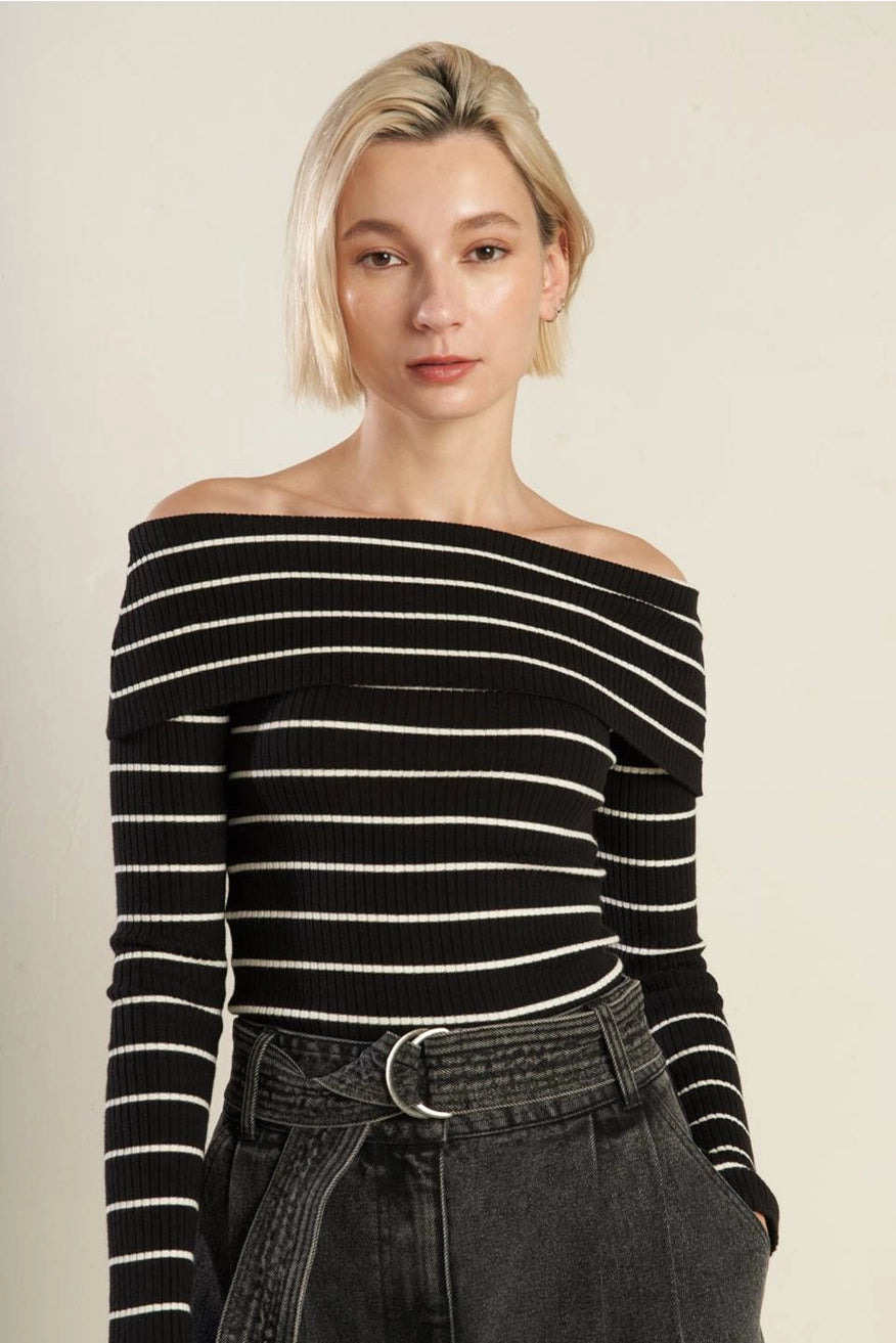 Off the Shoulder Striped Sweater Knit Top