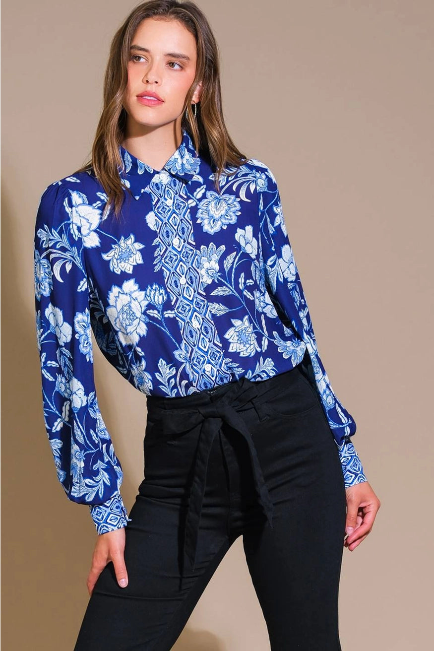 Dark Blue and White Floral Button Down Top