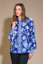 Dark Blue and White Floral Button Down Top