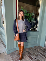 MIX MEDIA GREY/NAVY RUFFLE BOTTOM MINI DRESS