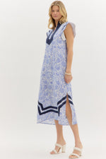Set Sail Floral print flutter sleeve pullover midi dress featuring contrast accented caftan-inspired high neck band collar.