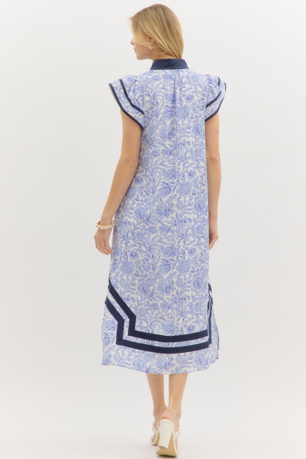 Set Sail Floral print flutter sleeve pullover midi dress featuring contrast accented caftan-inspired high neck band collar.