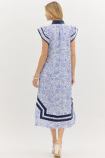 Set Sail Floral print flutter sleeve pullover midi dress featuring contrast accented caftan-inspired high neck band collar.