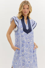 Set Sail Floral print flutter sleeve pullover midi dress featuring contrast accented caftan-inspired high neck band collar.