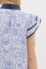 Set Sail Floral print flutter sleeve pullover midi dress featuring contrast accented caftan-inspired high neck band collar.