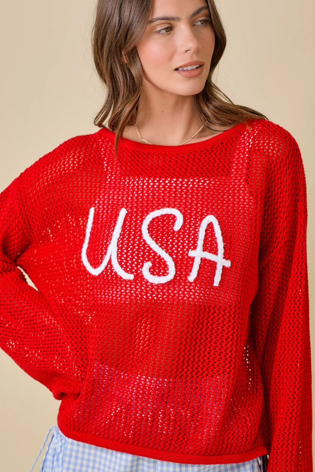 USA 3D Rope Embroidered Boat Neck Crochet Top