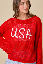 USA 3D Rope Embroidered Boat Neck Crochet Top