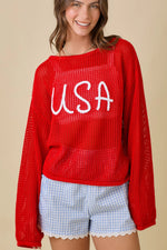 USA 3D Rope Embroidered Boat Neck Crochet Top