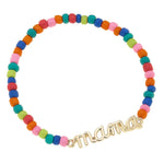 "Mama" Rainbow Beaded Stretch Bracelet in Shiny Gold