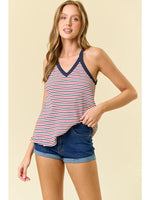 Multi Striped Rib V-Neck Tank Top /Red-Navy