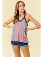 Multi Striped Rib V-Neck Tank Top /Red-Navy