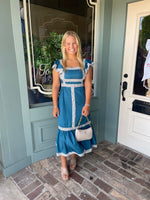 Square neck striped midi with polka dot accent