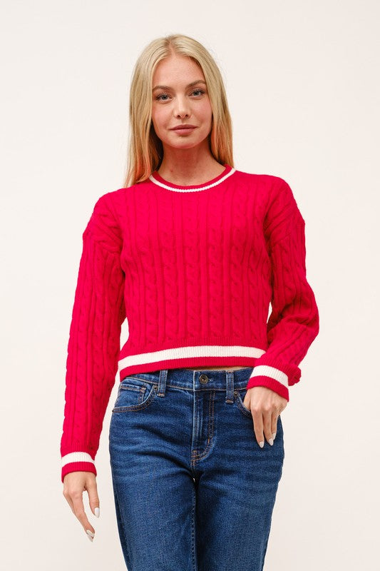 CROPPED CABLE KNIT CREW NECK WITH CONTRAST PIPING