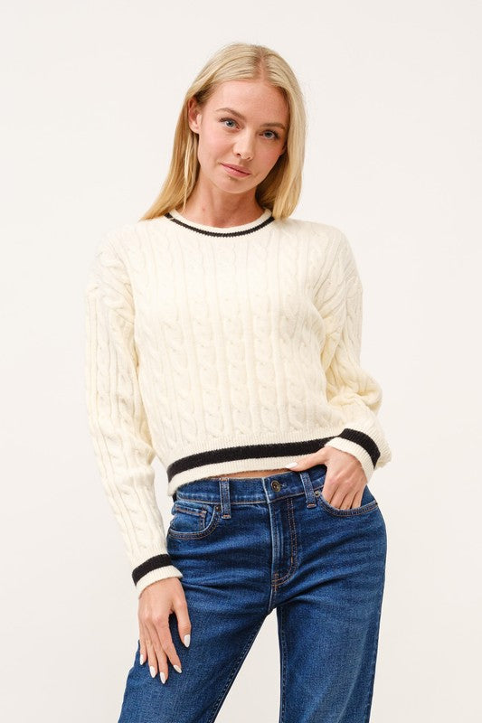 CROPPED CABLE KNIT CREW NECK WITH CONTRAST PIPING