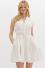 White Floral Diamond Pattern Jacquard V Neck Mini Dress featuring Front Zipper and Side Pockets