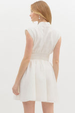 White Floral Diamond Pattern Jacquard V Neck Mini Dress featuring Front Zipper and Side Pockets