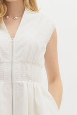 White Floral Diamond Pattern Jacquard V Neck Mini Dress featuring Front Zipper and Side Pockets