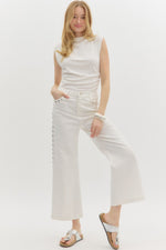 White Hight Rise Ankle Length Pants Featuring Silver Studded Accents
