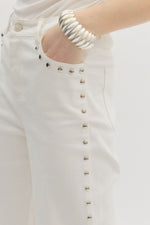 White Hight Rise Ankle Length Pants Featuring Silver Studded Accents
