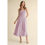 Lilac Square Neck Smocked Bodice Midi Dress with Double Smocked Open Back Straps