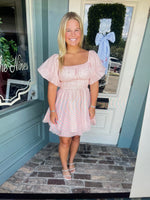 Peachy Perfection! Puff Sleeve with Pearl Detail Mini Dress