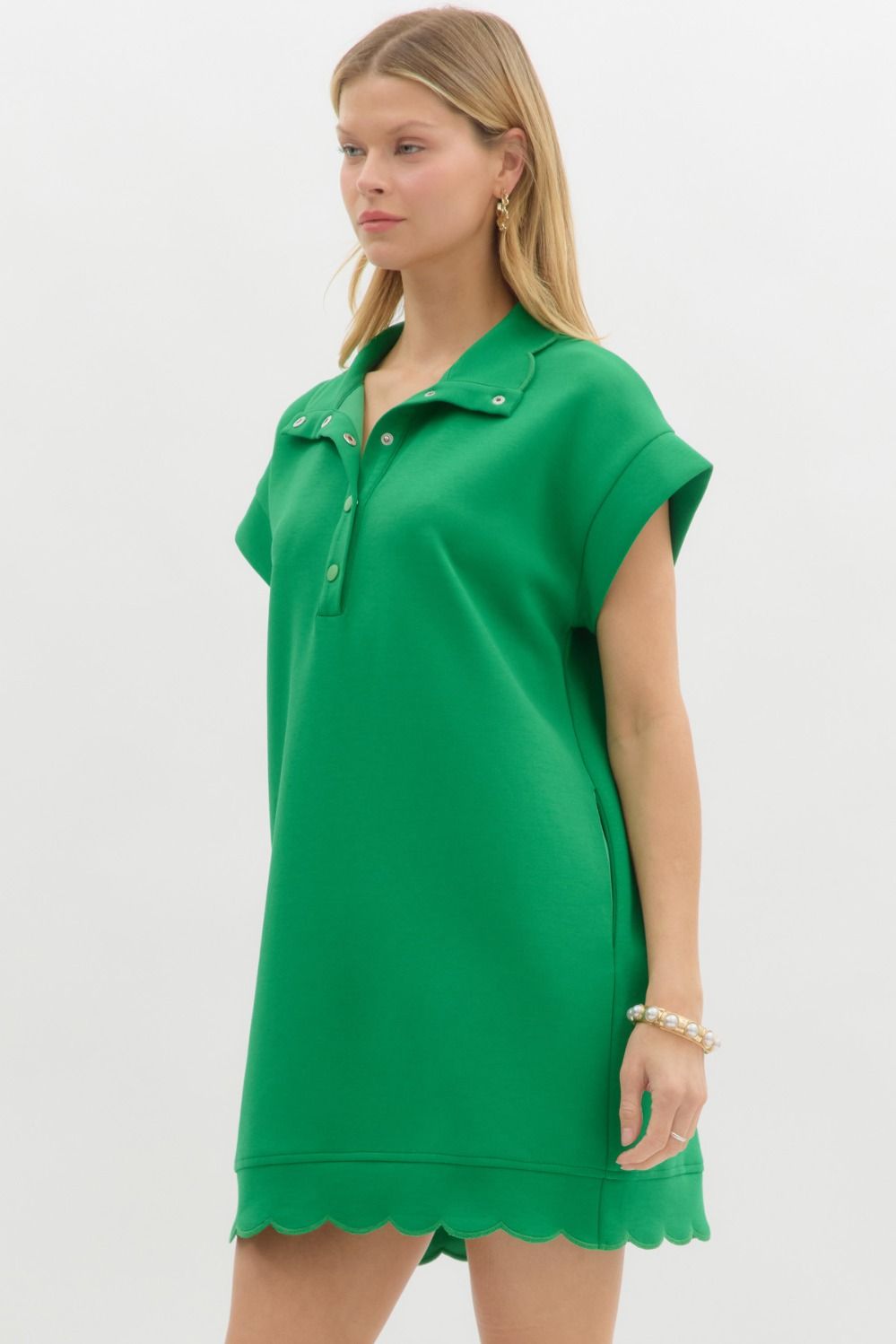 Karson Pullover Mini Dress featuring Scallop Button Down Trim and Hem