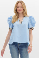 Light Blue Voluminous Sleeve Top with Leopard Trim Accent