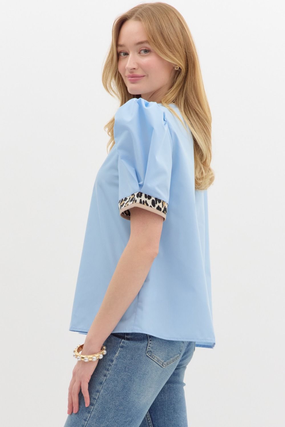 Light Blue Voluminous Sleeve Top with Leopard Trim Accent
