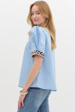 Light Blue Voluminous Sleeve Top with Leopard Trim Accent