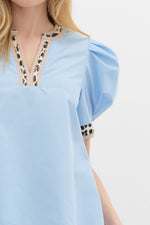 Light Blue Voluminous Sleeve Top with Leopard Trim Accent