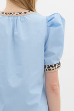 Light Blue Voluminous Sleeve Top with Leopard Trim Accent