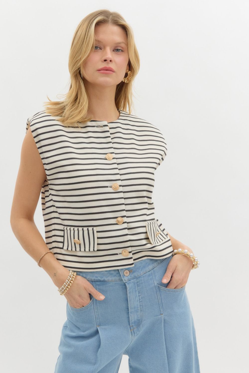 Striped Pattern Structured Shoulder Knit Top with Gold Button Down Detail and Faux Front Pockets- Ecru/Black