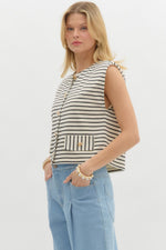 Striped Pattern Structured Shoulder Knit Top with Gold Button Down Detail and Faux Front Pockets- Ecru/Black