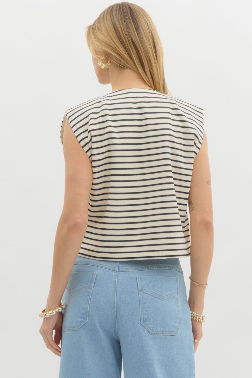 Striped Pattern Structured Shoulder Knit Top with Gold Button Down Detail and Faux Front Pockets- Ecru/Black