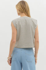 Striped Pattern Structured Shoulder Knit Top with Gold Button Down Detail and Faux Front Pockets- Ecru/Black
