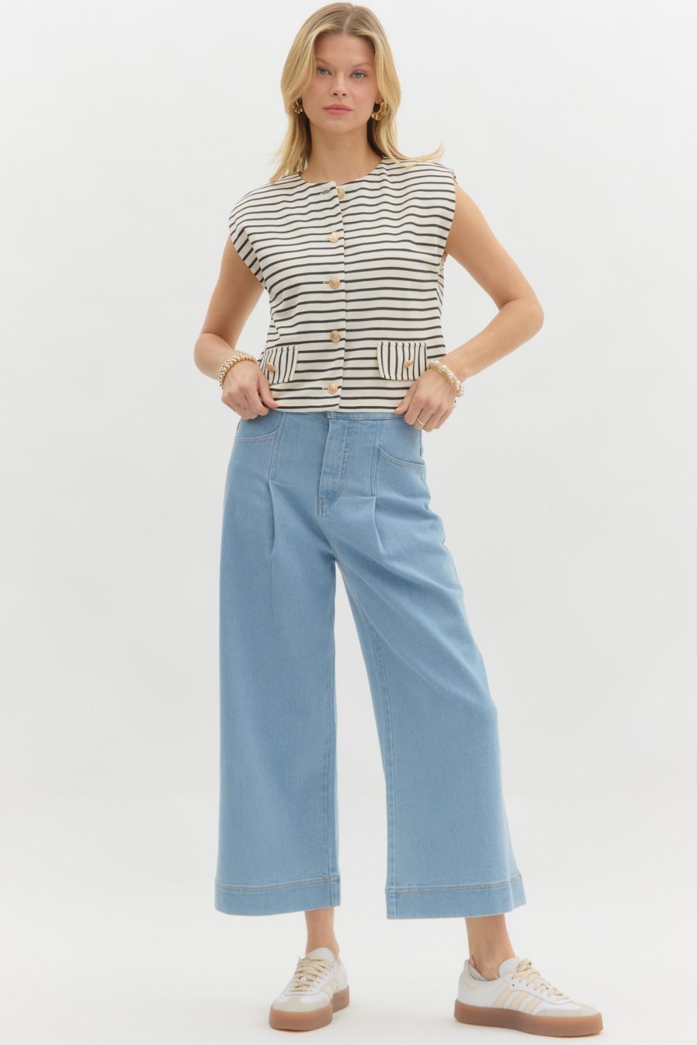 Striped Pattern Structured Shoulder Knit Top with Gold Button Down Detail and Faux Front Pockets- Ecru/Black