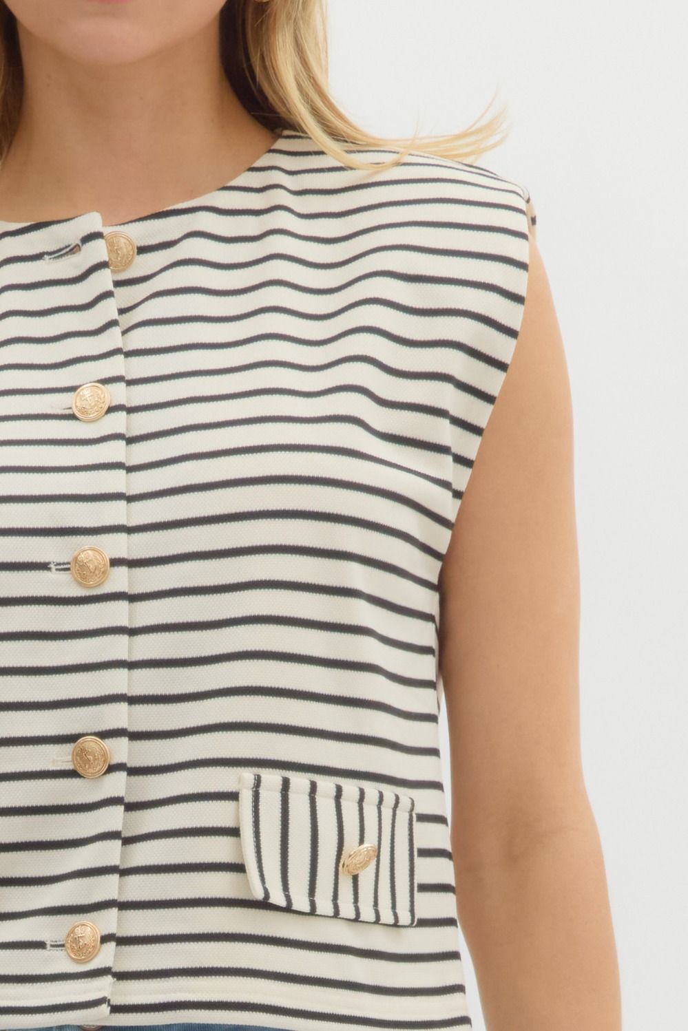 Striped Pattern Structured Shoulder Knit Top with Gold Button Down Detail and Faux Front Pockets- Ecru/Black