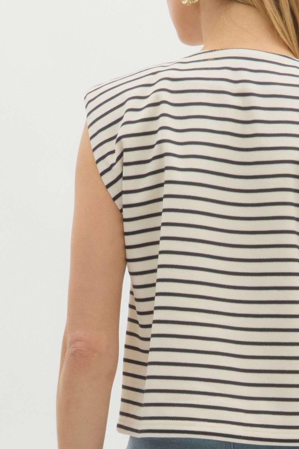 Striped Pattern Structured Shoulder Knit Top with Gold Button Down Detail and Faux Front Pockets- Ecru/Black