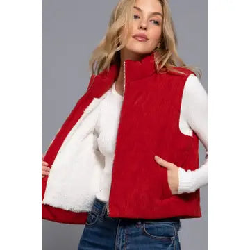 High Neck Inner Faux Fur Zip Up Corduroy Puffer Vest