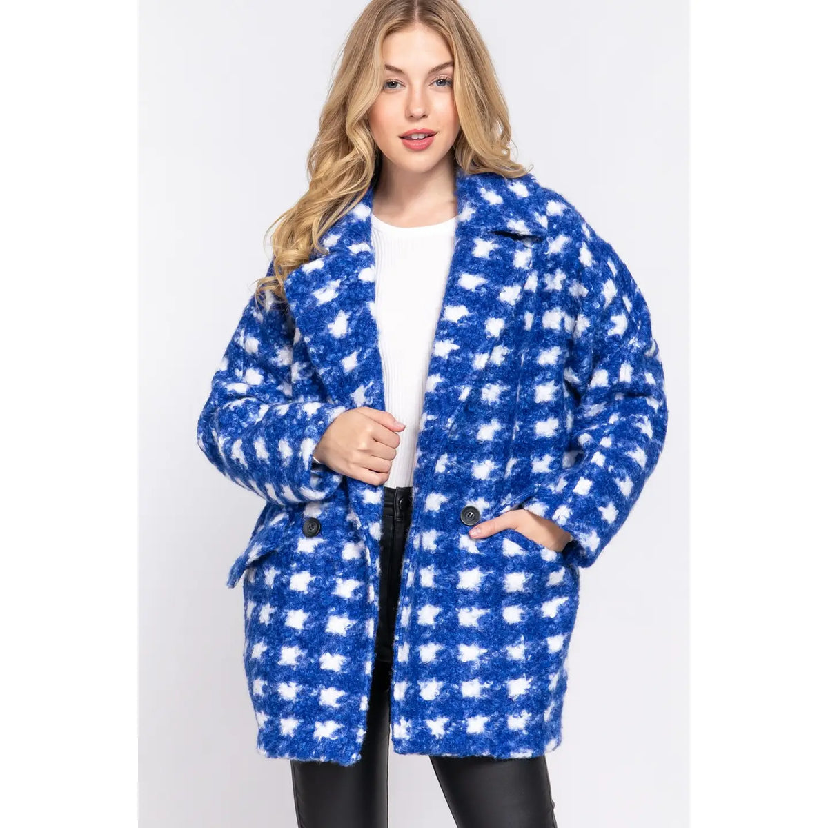 Cozy Double Breasted Check Print Boucle Fleece Coat- Royal