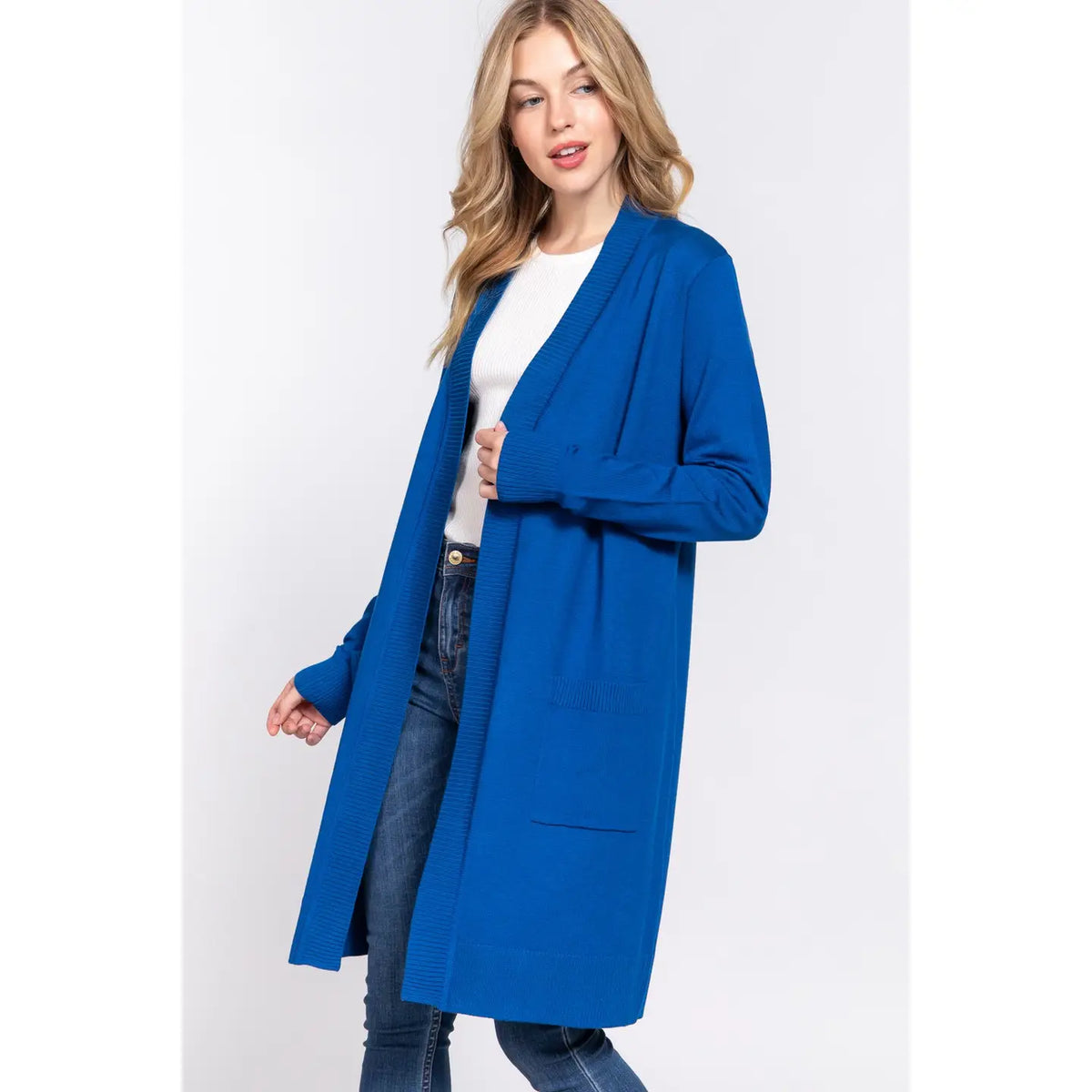 Long Sleeve Rib Banded Open Tunic Sweater Cardigan- Royal