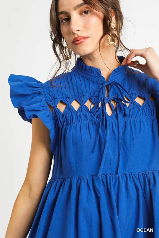 Cobalt Ruffle Sleeve Cutout Detail Mini Dress