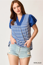 ROYAL BLUE STRIPED PUFF SLEEVE TOP